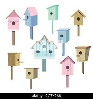 Grande set di graziose case da parto color pastello. Illustrazione vettoriale. Illustrazione Vettoriale