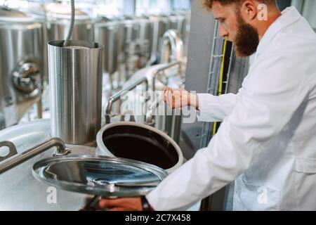 Specialista di tecnologia nella tuta protettiva bianca che lavora in fabbrica di bevande e tiene luppolo nel palmo della mano mentre si prepara Foto Stock