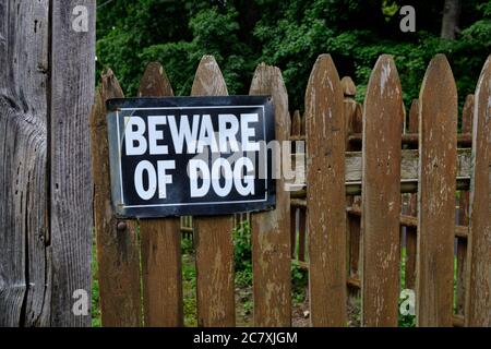 Fotografia di un cartello di avvertimento 'attenzione del cane' su una vecchia recinzione intagliata, intemperie, nella parte del paese del New England Foto Stock