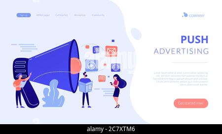Pagina di destinazione del concetto di pubblicità push. Illustrazione Vettoriale