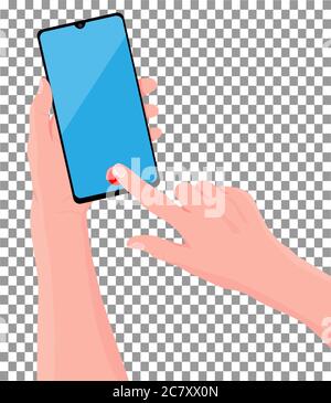 Telefono cellulare in mano. La mano tiene lo smartphone nero. Schermo a sfioramento con le dita. Illustrazione vettoriale, sfondo trasparente Illustrazione Vettoriale