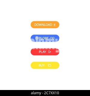 Scarica, esplora, acquista, gioca insieme di icone piatte. Pulsanti colorati per siti Web. Vettore su sfondo bianco isolato. EPS 10 Illustrazione Vettoriale