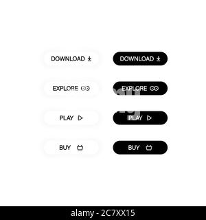 Scarica, esplora, acquista, gioca insieme di icone. Pulsanti per siti Web in bianco e nero. Vettore su sfondo bianco isolato. EPS 10 Illustrazione Vettoriale