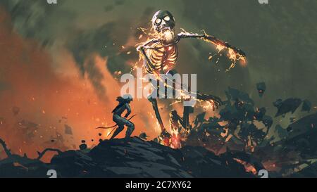 uomo con un arco faccia a faccia con uno scheletro fiammeggiante, stile arte digitale, pittura di illustrazione Foto Stock