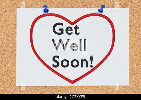 Illustrazione 3D di Get Well Soon! testo all'interno della silhouette del cuore rosso sulla tavola di sughero Foto Stock