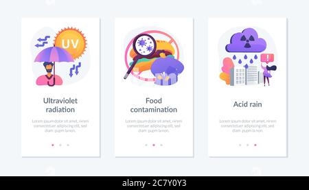 Effetto radioattivo, inquinamento atmosferico terrestre, danni alla salute umana modello di interfaccia app. Illustrazione Vettoriale