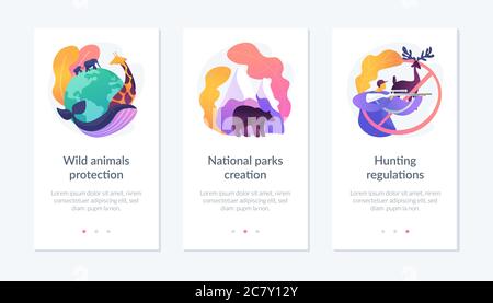 Difesa della fauna selvatica, cura della fauna, modello di interfaccia app per la conservazione ambientale. Illustrazione Vettoriale