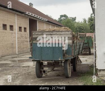 vecchio camion con paglia in piedi davanti al fienile, aspetto vintage, colori sbiaditi Foto Stock
