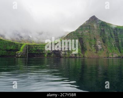 Ripide e verdi scogliere di Hornbjarg e cascata, più grandi scogliere di uccelli in Europa, fiordi occidentali, remota riserva naturale Hornstrandir in Islanda, nebbia oceano Foto Stock