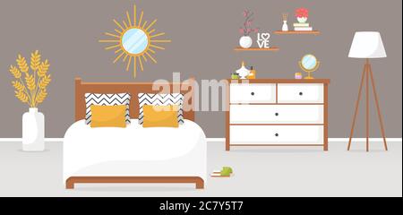 Interni della camera da letto. Illustrazione vettoriale. Design di una camera accogliente alla moda con letto doppio, comò, specchio, torchere e accessori di arredamento. Arredamento per la casa Illustrazione Vettoriale