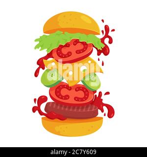 Hamburger - illustrazione vettoriale isolata su sfondo bianco. Concetto di fast food con ingredienti volanti. Hamburger succoso e attraente. Illustrazione Vettoriale