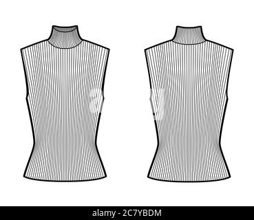 Maglia a costola con struttura a collo di tegolo, figura tecnica di moda con corpo montato, ponticello senza maniche. Modello di abbigliamento per camicia piatta davanti, dietro, colore bianco. Donne, uomini unisex top CAD mockup Illustrazione Vettoriale