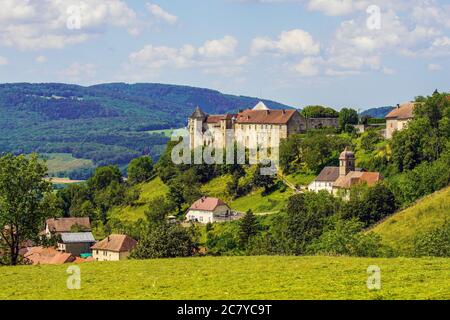 Castello medievale (castello) di Belvoir nel dipartimento Doubs della regione Borgogna-Franche-Comte in Francia. Affacciato sul villaggio di Belvoir e la valle Foto Stock