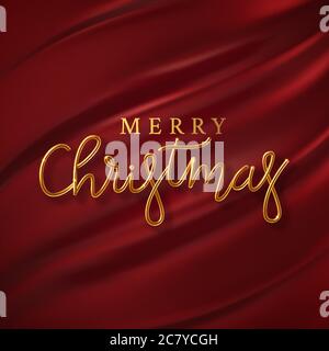 3D realistico Golden iscrizione Merry Natale su uno sfondo di seta rossa. Vettore Illustrazione Vettoriale