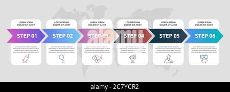 Frecce infografiche vettoriali con 6 passaggi successivi, etichette. Sei colorati elementi rettangolari. Può essere utilizzato per diagrammi, business, web, banner Illustrazione Vettoriale