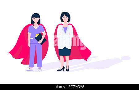 Due medici con capo eroe dietro l'impiegato medico ospedaliero lotta contro malattie e virus su frontline flat stile disegno vettoriale. Illustrazione Vettoriale