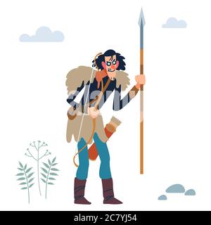 Vichingo. Pazzo lungo vichingo con lancia e arco. Design dal carattere umano piatto. Illustrazione vettoriale piatta Cartoon Illustrazione Vettoriale