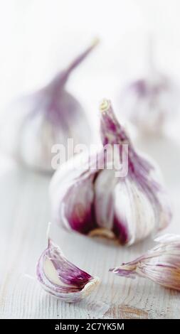 Bulbo d'aglio con spicchi d'aglio su sfondo bianco di legno. Perfetto aglio con spazio per copiare testo o design. Verticale. DOF. Bassa Foto Stock