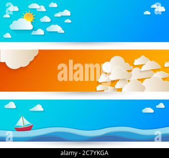 Sfondo astratto luminoso con nuvole di carta bianca su cielo blu. Estate splendido sfondo per viaggiare con un posto sotto il testo. Taglio carta e digi Illustrazione Vettoriale