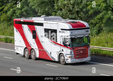 Elsa Grace, Angel Eardley rosso bianco Scania P380 pulmino crine; Coach costruito e conversione trasporto di animali viaggiando sull'autostrada M6, Lancashire, Regno Unito Foto Stock