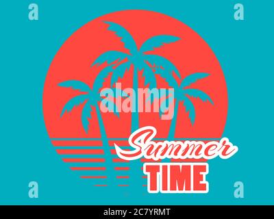 Ora legale. 80 palme retrò al tramonto. Paesaggio tropicale. Blu Tiffany e rosso corallo. Illustrazione vettoriale Illustrazione Vettoriale