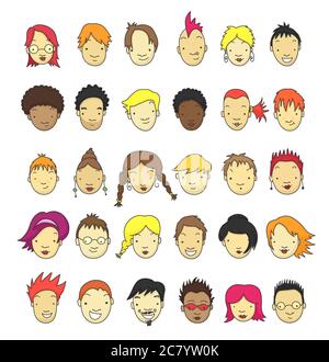 Set di 30 differenti facce cartoon per avatar. Foto Stock