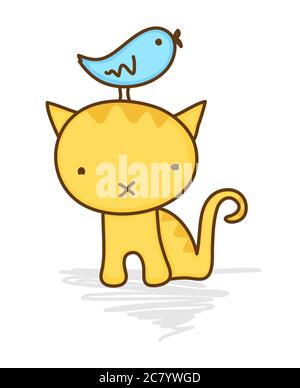 Carino illustrazione di un uccello seduto su un gatto in testa Foto Stock