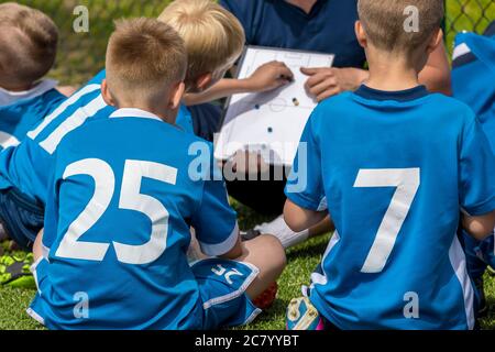 Gruppo di ragazzi in Camicie blu seduto su Sport Grass Field Witch School Coach. Kids Listening Coach's Tactic Talk. Giovane allenatore spiegare il calcio Foto Stock