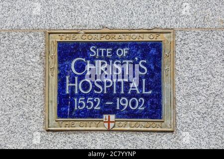 Lapide commemorativa sul sito del Christ's Hospital nella città di Londra, Londra, Inghilterra, Regno Unito Foto Stock