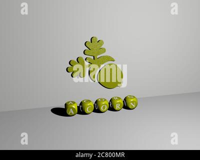 Illustrazione 3D di grafica acorn e testo realizzato con lettere a dadi metallici per i significati correlati del concetto e delle presentazioni. Autunno e sfondo Foto Stock