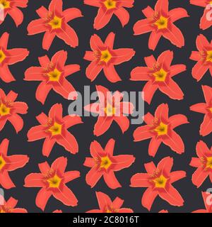 Motivo senza cuciture con fiori di giglio arancio su sfondo nero. Sfondo floreale. Illustrazione vettoriale Illustrazione Vettoriale