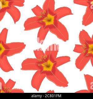 Motivo senza cuciture con fiori di giglio arancio su sfondo bianco. Sfondo floreale. Illustrazione vettoriale Illustrazione Vettoriale
