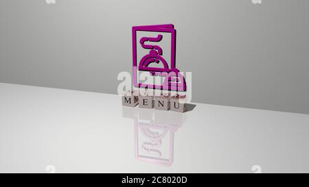 Illustrazione 3D della grafica DEI MENU e del testo realizzato con lettere a dadi metallici per i significati correlati del concetto e delle presentazioni. Sfondo e design Foto Stock