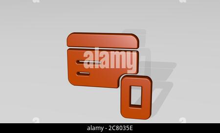 smartphone con carta di credito da una prospettiva con l'ombra. Una scultura spessa realizzata in materiali metallici di rendering 3D, business e illustrazione Foto Stock