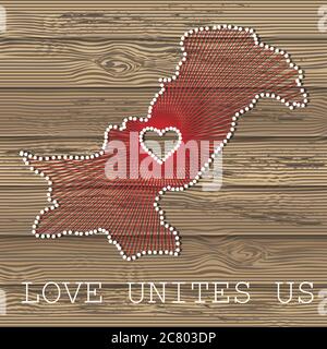 Pakistan mappa vettoriale arte con cuore. Filo d'arte, filo e spille su tavole di legno tessitura. L'amore ci unisce. Messaggio d'amore. Mappa artistica del Pakistan Illustrazione Vettoriale