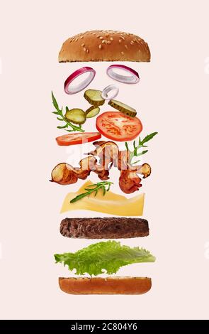 Hamburger grande e appetitoso con ingredienti volanti su sfondo rosa chiaro. Prosciutto, cotoletta di manzo, formaggio, verdure e verdure. Primo piano, spazio per la copia Foto Stock