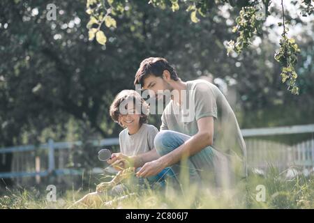 Ragazzo dai capelli scuri e suo padre che guarda la pianta attraverso la lente d'ingrandimento e guarda coinvolto Foto Stock