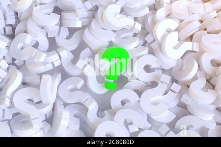 Rendering 3D di una pila di simboli di punti interrogativi bianchi e un verde luminoso sulla parte superiore Foto Stock
