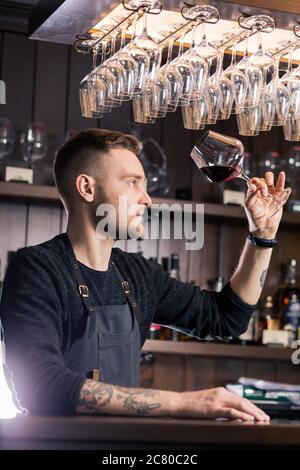 Focalizzato giovane maschio sommelier in suite guardando il vino rosso in vetro su sfondo bianco Foto Stock