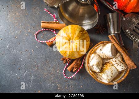 Cocktail caldo con spezie di zucca, cocktail russo bianco di zucca, con spezie di marshmallow e zucca, spazio per la copia su sfondo scuro Foto Stock