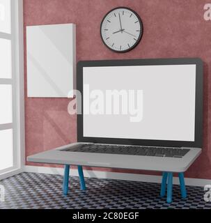 Computer desktop con schermo bianco sul tavolo del mockup 3D rendering ufficio. illustrazione 3d Foto Stock