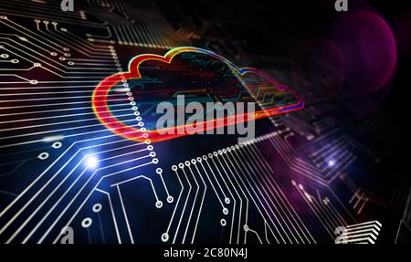 Simbolo del cloud computing digitale. Tecnologia informatica, archiviazione dati Internet, computer, database e concetto astratto di server mobile. Linea di produzione 3d ren Foto Stock