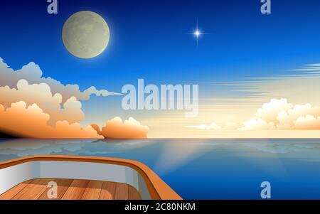 vista della luna e dell'alba al mattino sull'oceano su una barca di legno Illustrazione Vettoriale