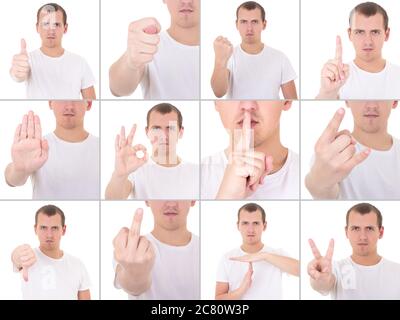 collage di giovane uomo gesturing isolato su sfondo bianco Foto Stock