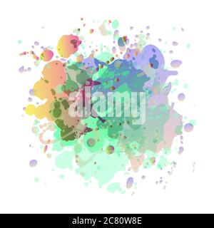 Gocce di vernice giallo, rosa, viola e turchese su un bianco, illustrazione vettoriale EPS 10 imitazione acquerello, sfondo astratto per il testo, accattivante spot multicolore, elemento di design, può essere utilizzato per flyer, pubblicità. Illustrazione Vettoriale