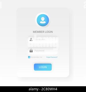 Menu di login dei membri in stile neomorfico o neomorfista, moderno kit UI UX 2020 minimalistico bianco, illustrazione vettoriale facile da modificare. Illustrazione Vettoriale