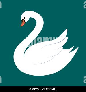 Elegante bianco cigno isolato su sfondo verde scuro. Illustrazione Vettoriale