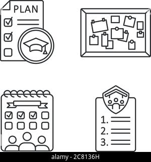 Attività degli studenti set di icone lineari pixel Perfect. Piano educativo. Intrattenimento universitario. Eventi universitari. Simboli di contorno a linee sottili personalizzabili. Illustrazione Vettoriale
