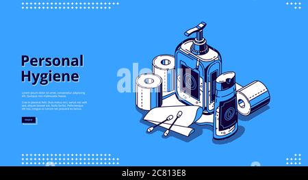 Striscione per l'igiene personale. Articoli da bagno per mantenere pulito e cura della salute. Pagina di destinazione vettoriale con illustrazione isometrica di sapone liquido, disinfettante per le mani, asciugamani di carta e bastoncini di cotone Illustrazione Vettoriale