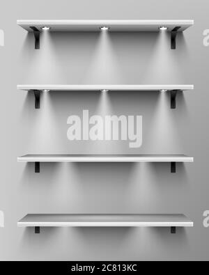 Scaffali vuoti in legno con faretti. Vettore realistico mockup di librerie bianche in biblioteca, vetrina in legno in negozio. Tavole in legno illuminate da lampade per esposizione o esposizione in galleria Illustrazione Vettoriale